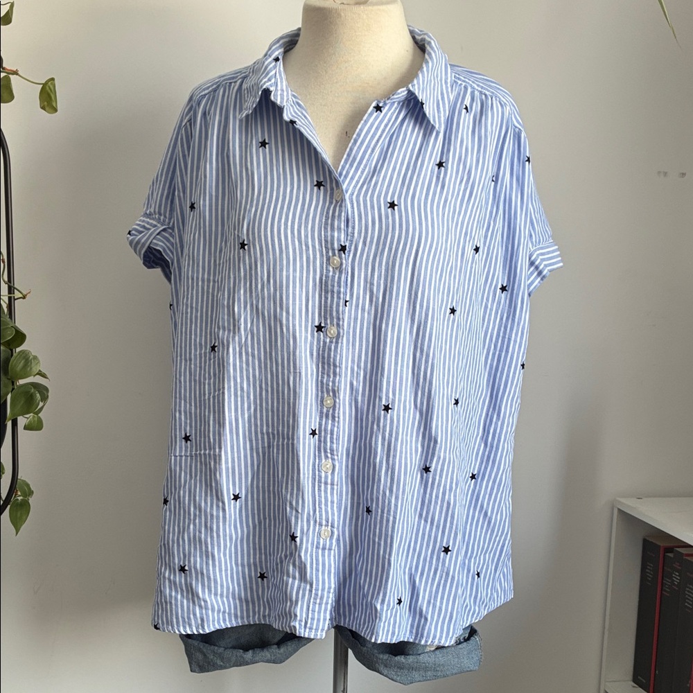 Soft Blue striped button-up shirt with black stars
